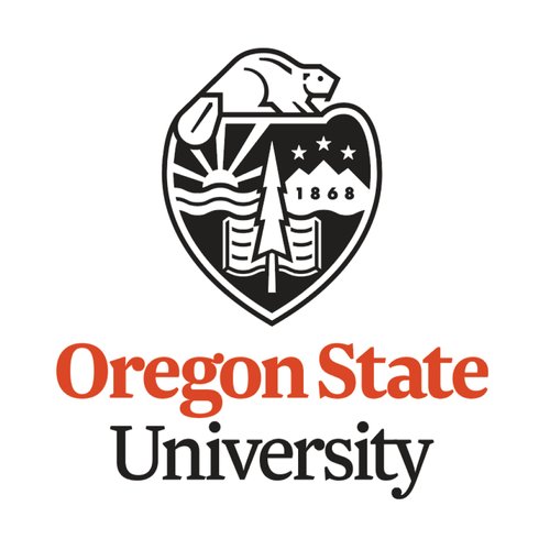 Oregon state university logo with shield that has a sun, tree, mountain, and beaver sitting on top of the shield